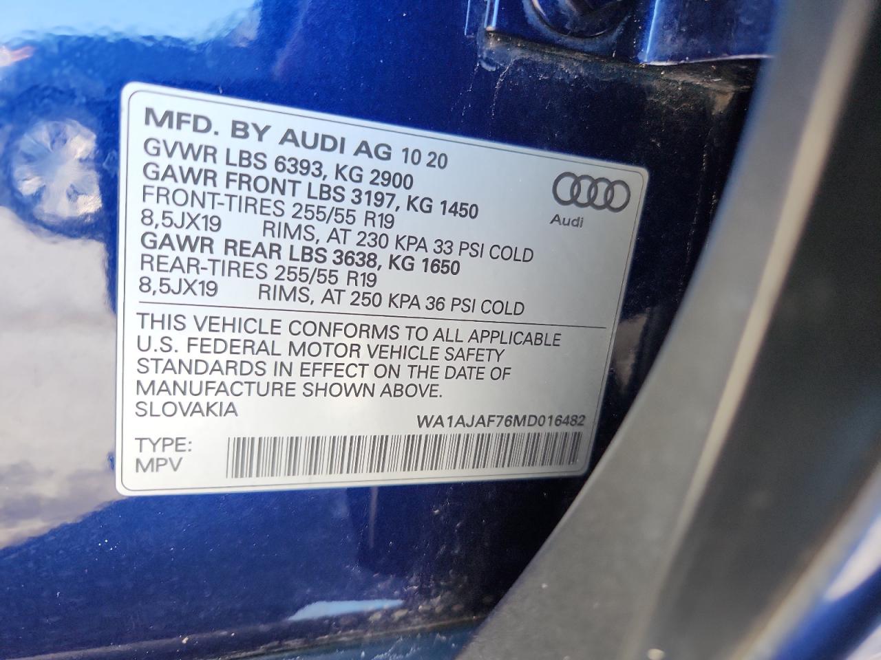 2021 Audi Q7 Premium VIN: WA1AJAF76MD016482 Lot: 90273345