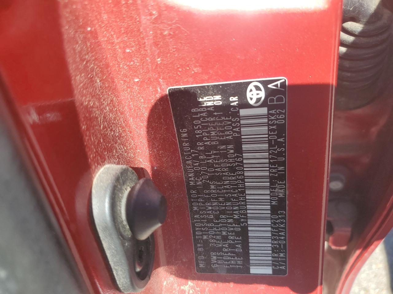 2017 Toyota Corolla L VIN: 5YFBURHE1HP680767 Lot: 82001935