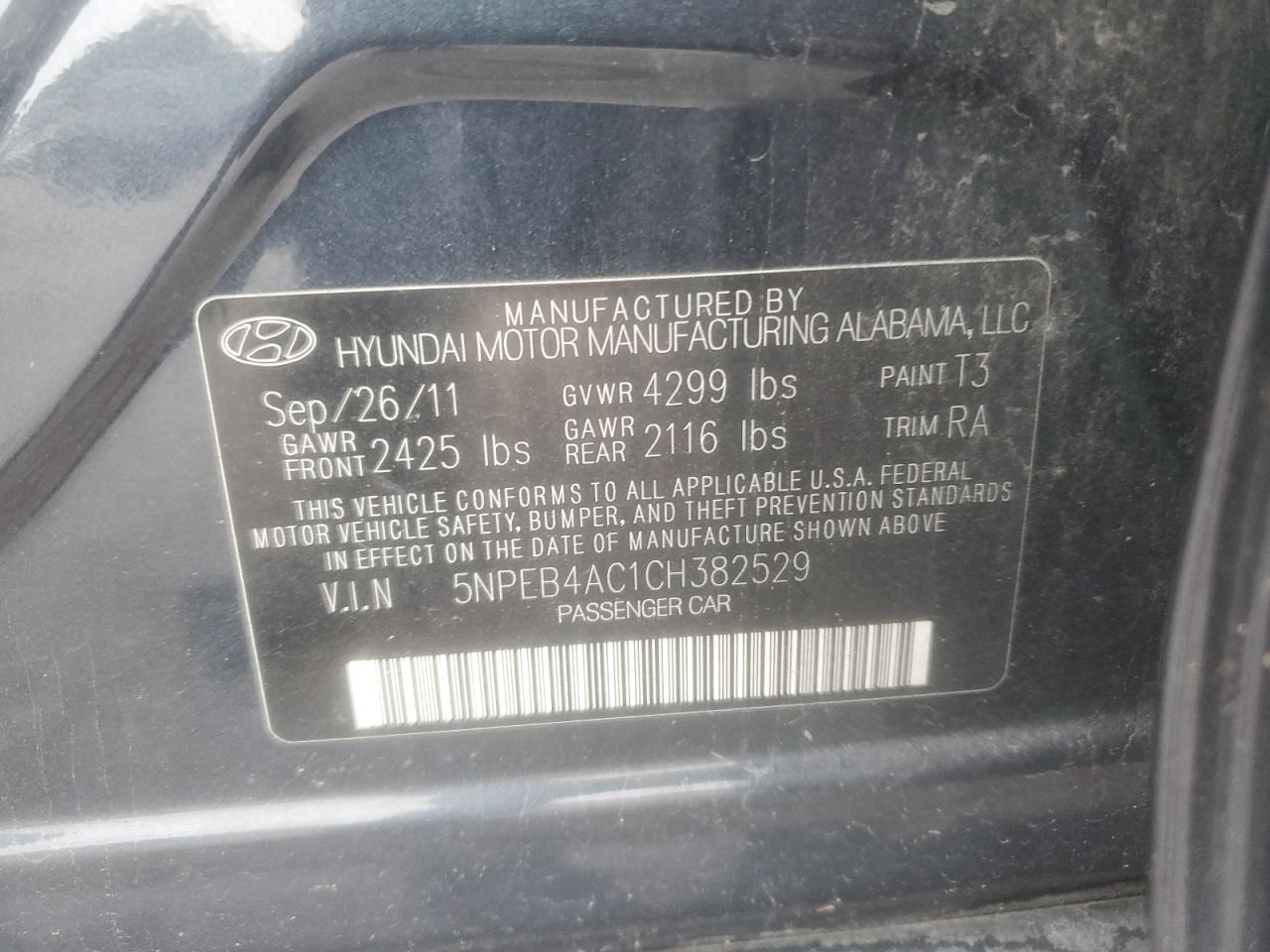 2012 Hyundai Sonata Gls VIN: 5NPEB4AC1CH382529 Lot: 82432315