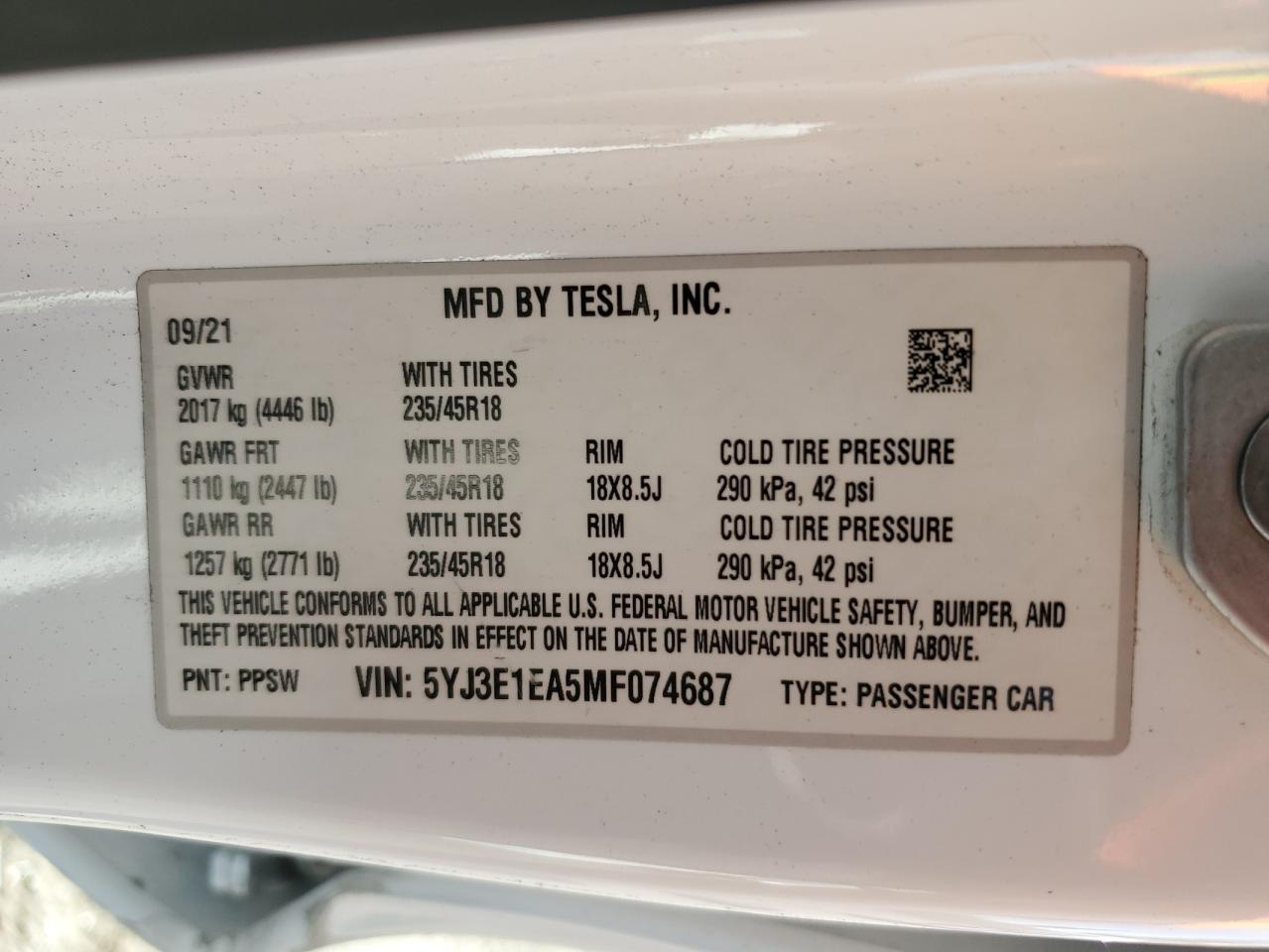 2021 Tesla Model 3 VIN: 5YJ3E1EA5MF074687 Lot: 87112975