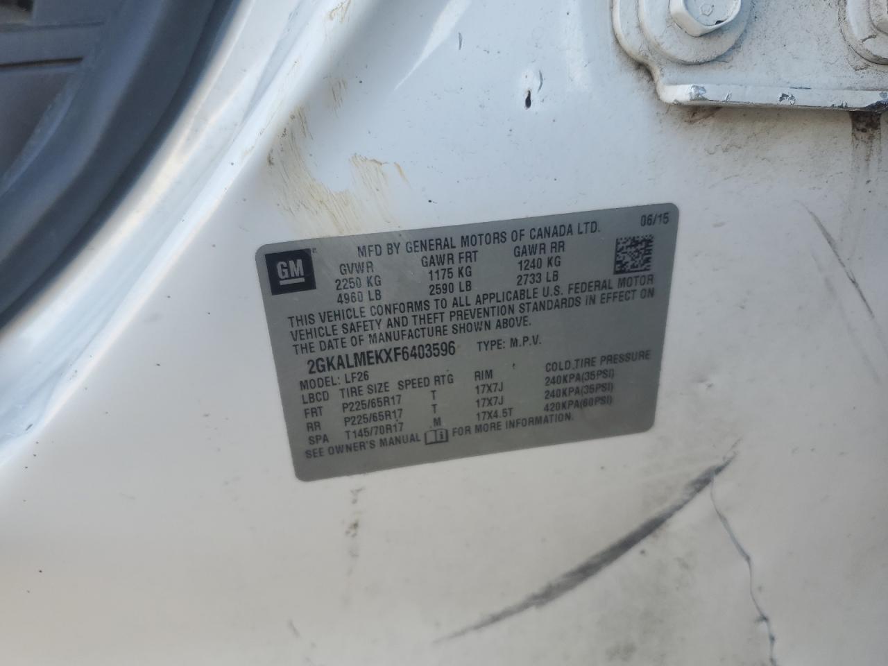 2015 GMC Terrain Sle VIN: 2GKALMEKXF6403596 Lot: 86180505