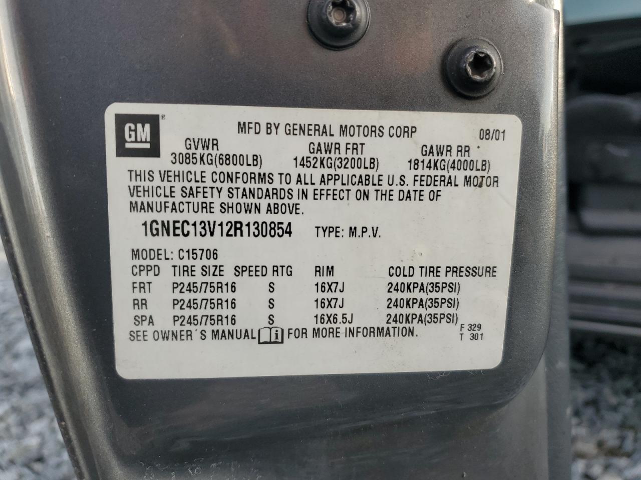 2002 Chevrolet Tahoe C1500 VIN: 1GNEC13V12R130854 Lot: 89699305