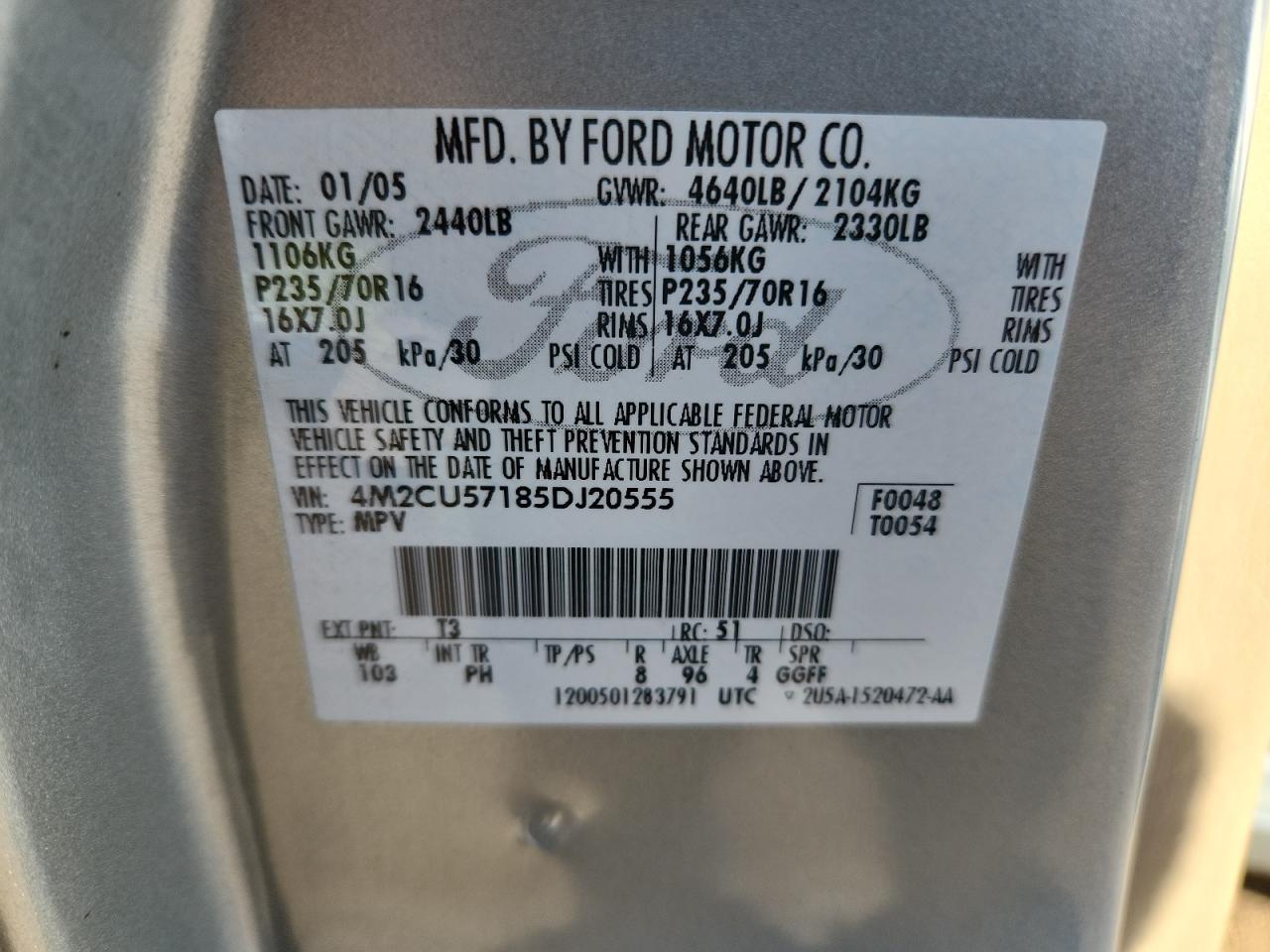 2005 Mercury Mariner VIN: 4M2CU57185DJ20555 Lot: 85885025