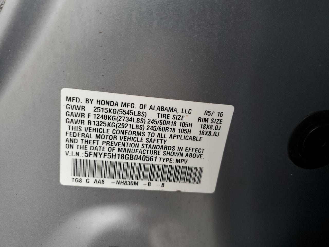 2016 Honda Pilot Lx VIN: 5FNYF5H18GB040561 Lot: 85473135