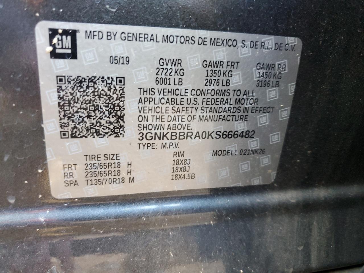 2019 Chevrolet Blazer 1Lt VIN: 3GNKBBRA0KS666482 Lot: 94600775