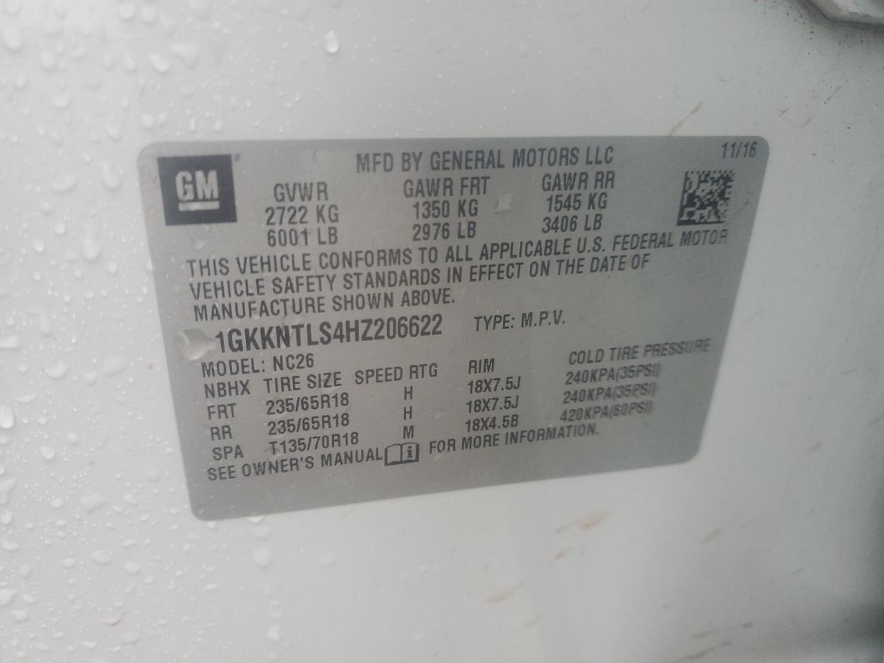 2017 GMC Acadia All Terrain VIN: 1GKKNTLS4HZ206622 Lot: 90723495