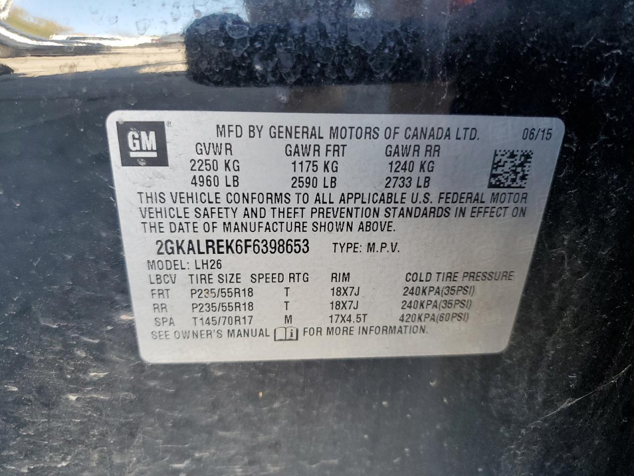 2015 GMC Terrain Sle VIN: 2GKALREK6F6398653 Lot: 82651135