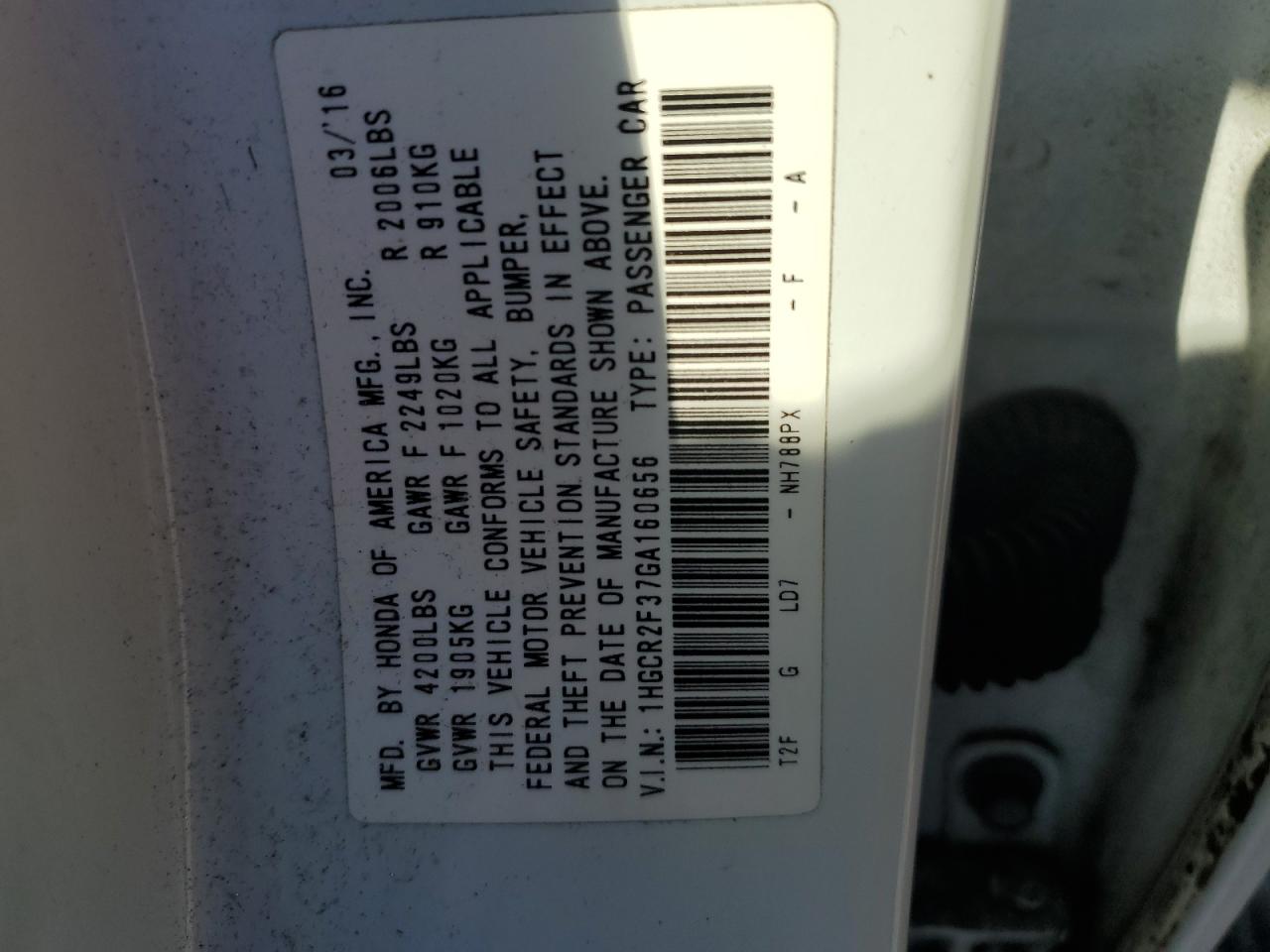 2016 Honda Accord Lx VIN: 1HGCR2F37GA160656 Lot: 85523425