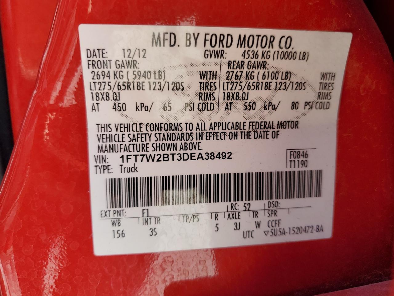 2013 Ford F250 Super Duty VIN: 1FT7W2BT3DEA38492 Lot: 86063895