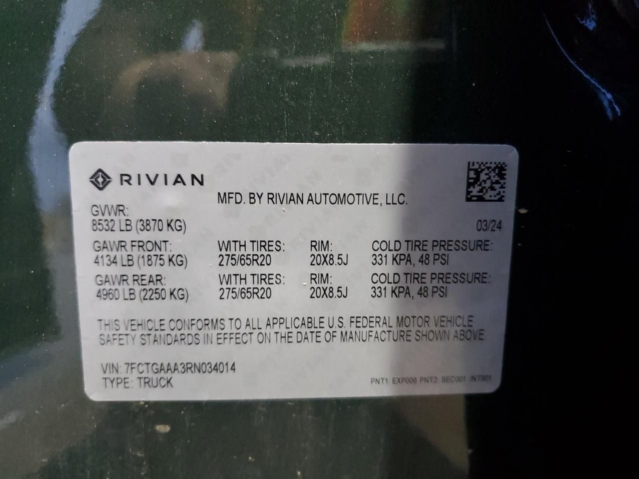 2024 Rivian R1T Adventure VIN: 7FCTGAAA3RN034014 Lot: 89461495