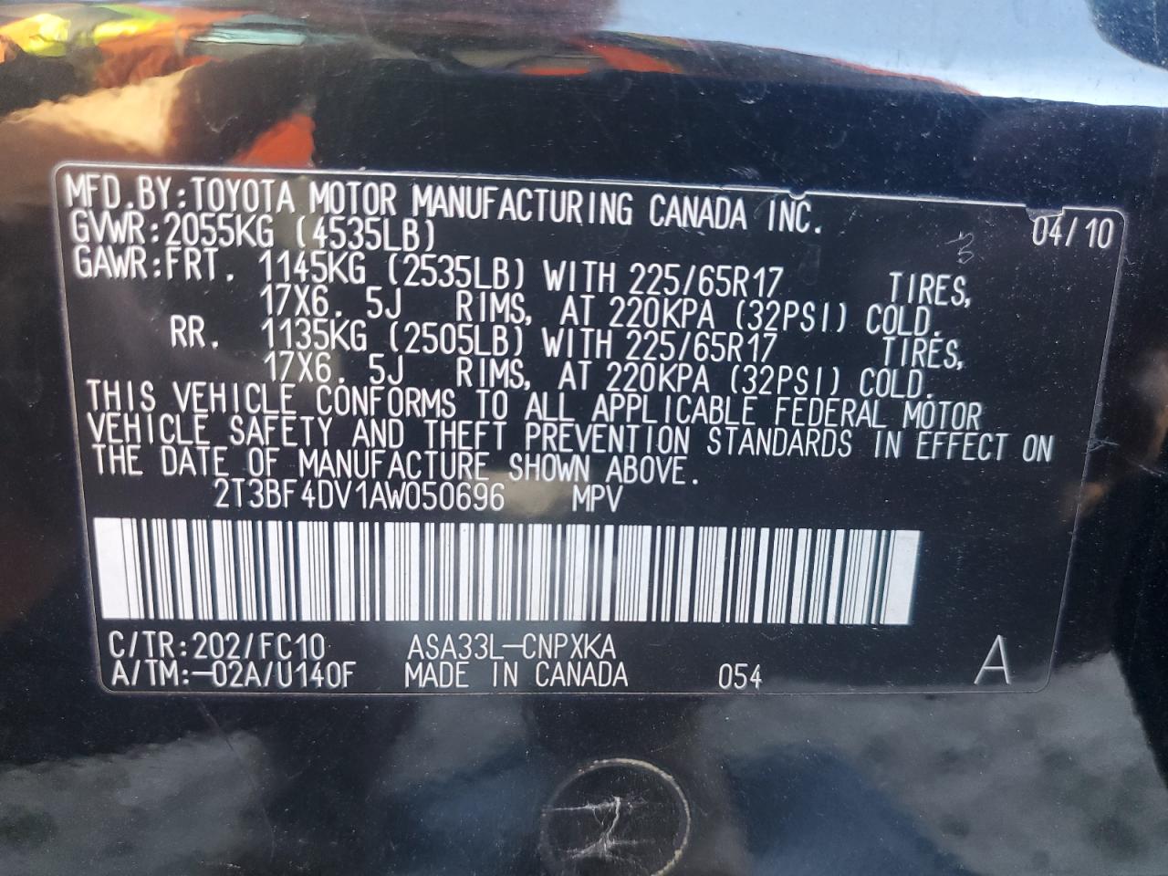 2010 Toyota Rav4 VIN: 2T3BF4DV1AW050696 Lot: 85142685