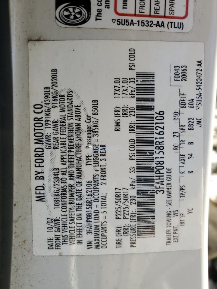 2008 Ford Fusion Sel VIN: 3FAHP08158R162106 Lot: 86314605