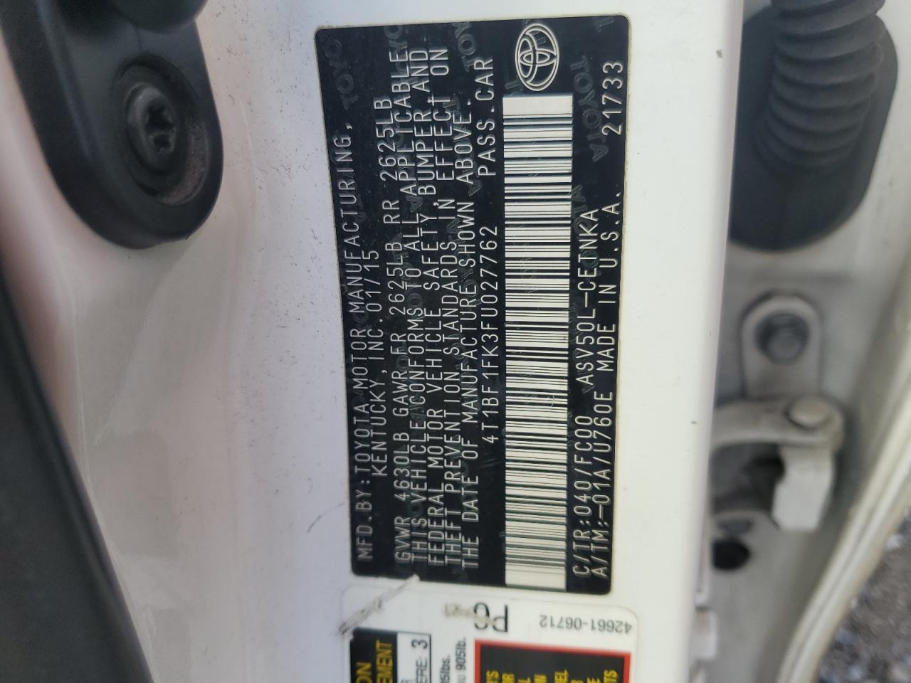 2015 Toyota Camry Le VIN: 4T1BF1FK3FU027762 Lot: 85202915