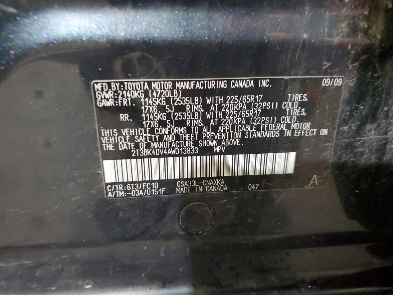 2010 Toyota Rav4 VIN: 2T3BK4DV4AW013833 Lot: 86069955