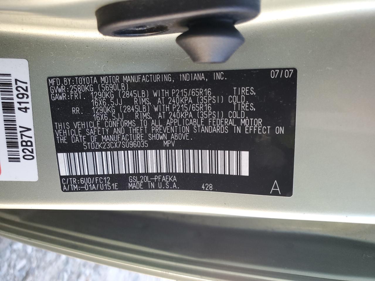 2007 Toyota Sienna Ce VIN: 5TDZK23CX7S096035 Lot: 89490485