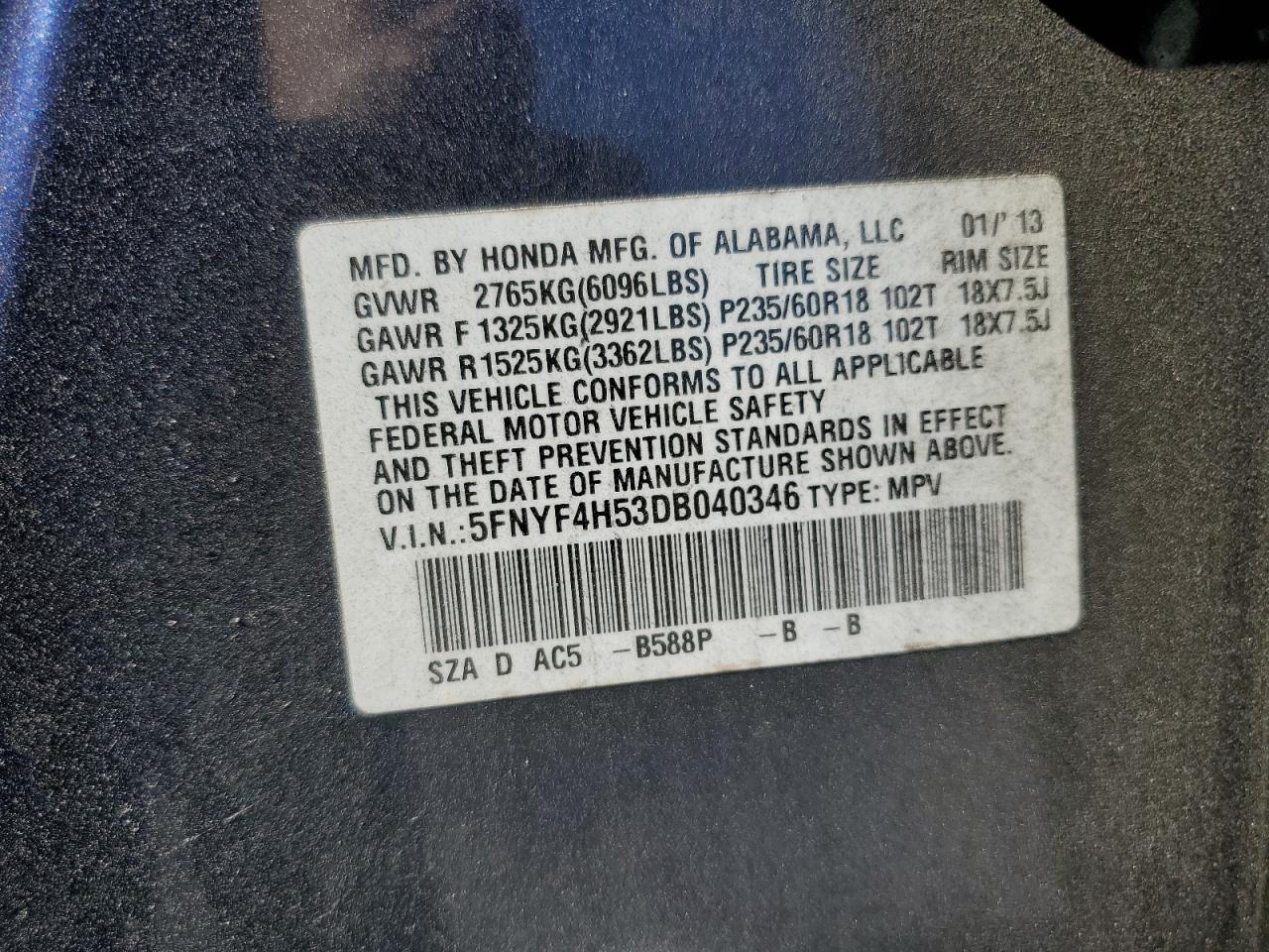 2013 Honda Pilot Exl VIN: 5FNYF4H53DB040346 Lot: 89654905