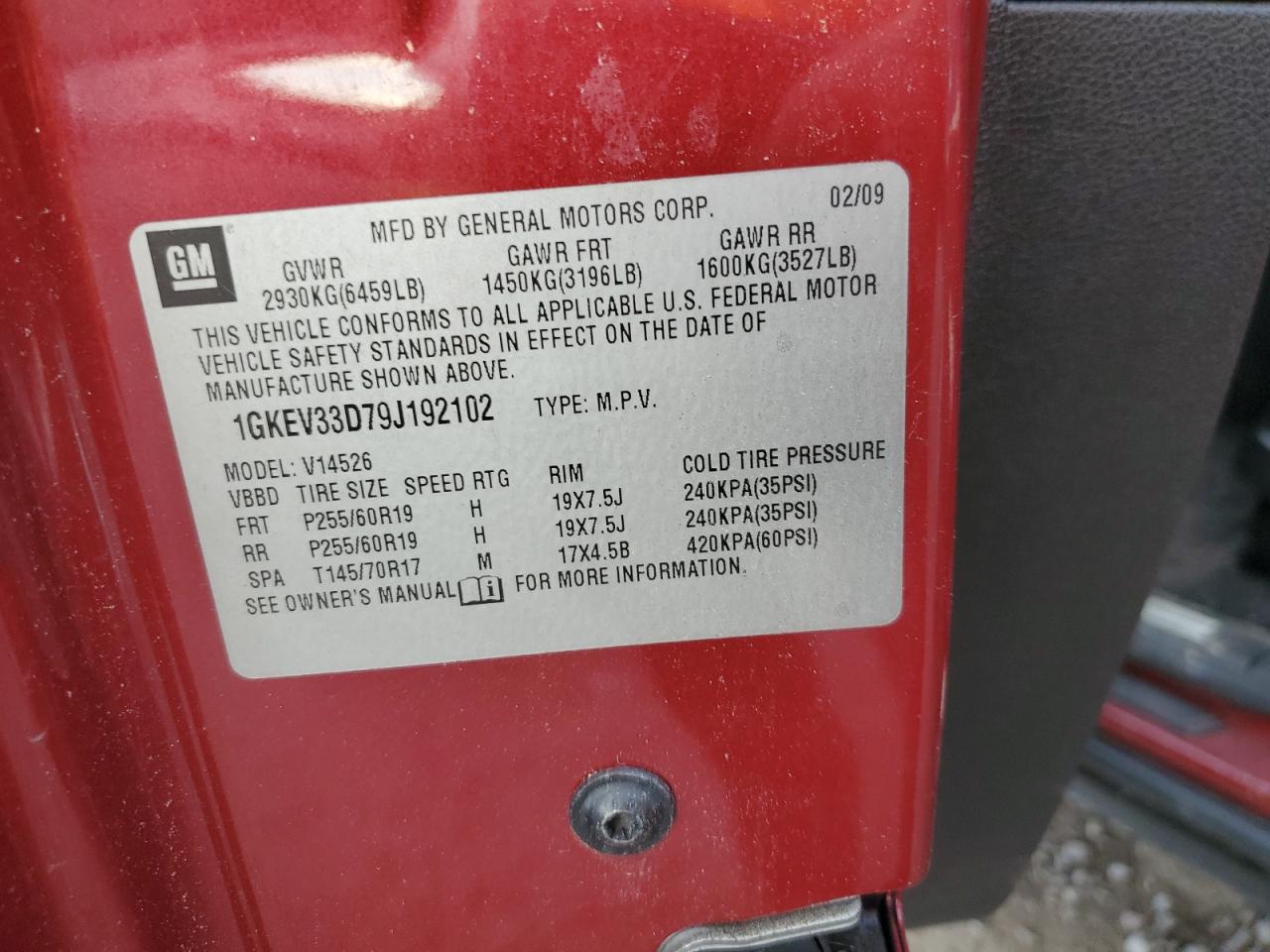 2009 GMC Acadia Slt-2 VIN: 1GKEV33D79J192102 Lot: 90704365