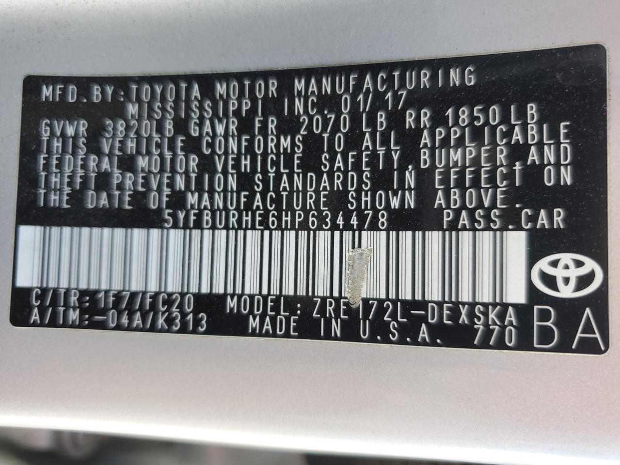 2017 Toyota Corolla L VIN: 5YFBURHE6HP634478 Lot: 86121345