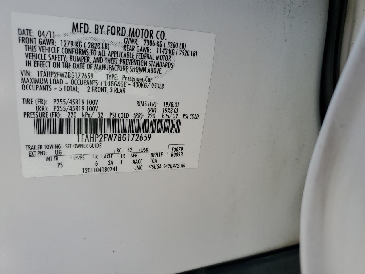 2011 Ford Taurus Limited VIN: 1FAHP2FW7BG172659 Lot: 89706985