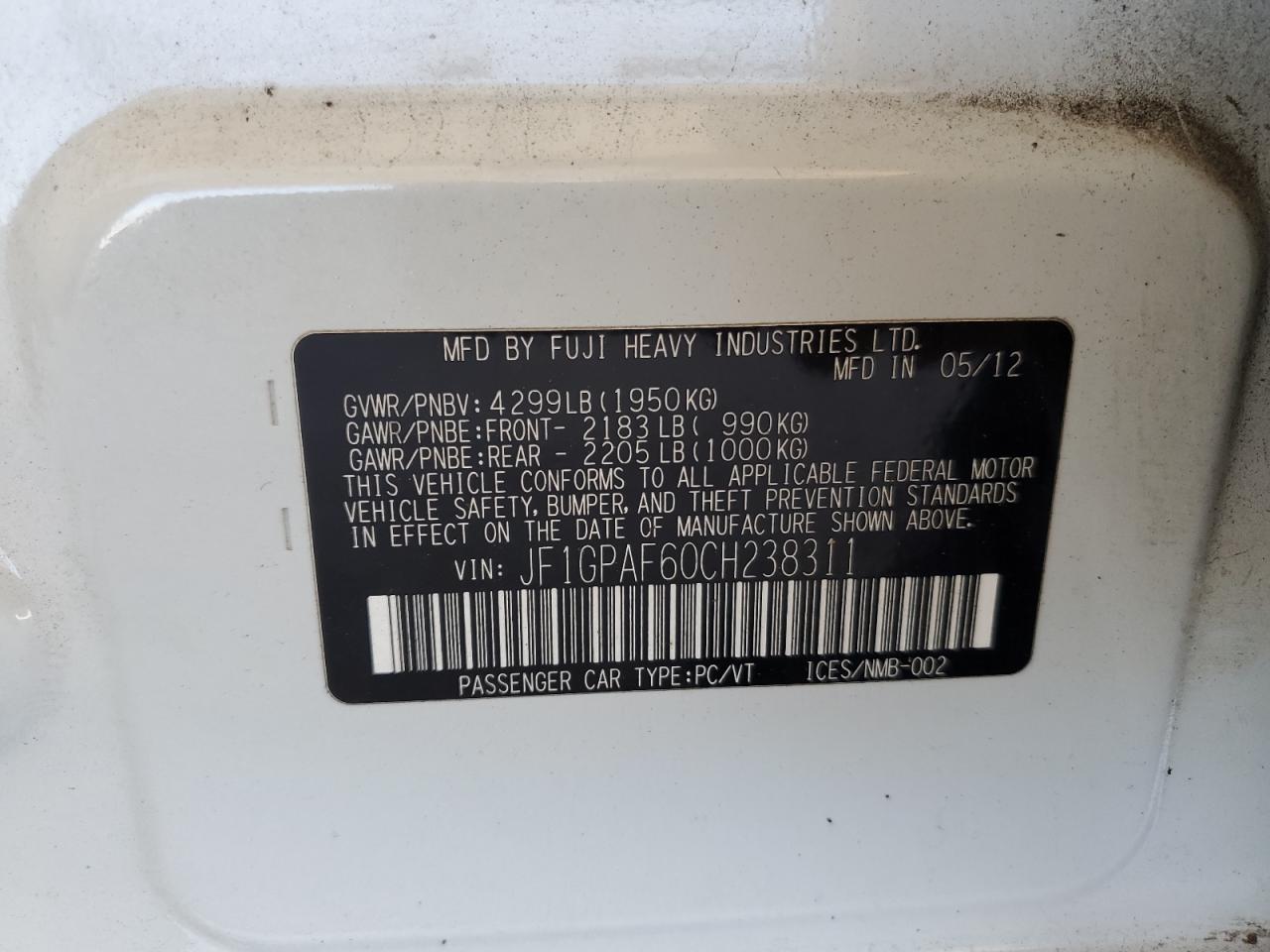 2012 Subaru Impreza Premium VIN: JF1GPAF60CH238311 Lot: 86122395
