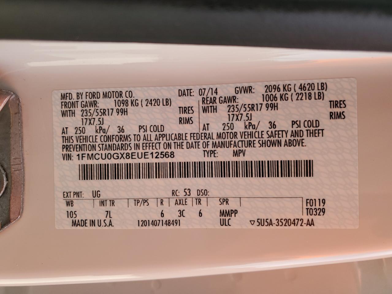 2014 Ford Escape Se VIN: 1FMCU0GX8EUE12568 Lot: 85856635