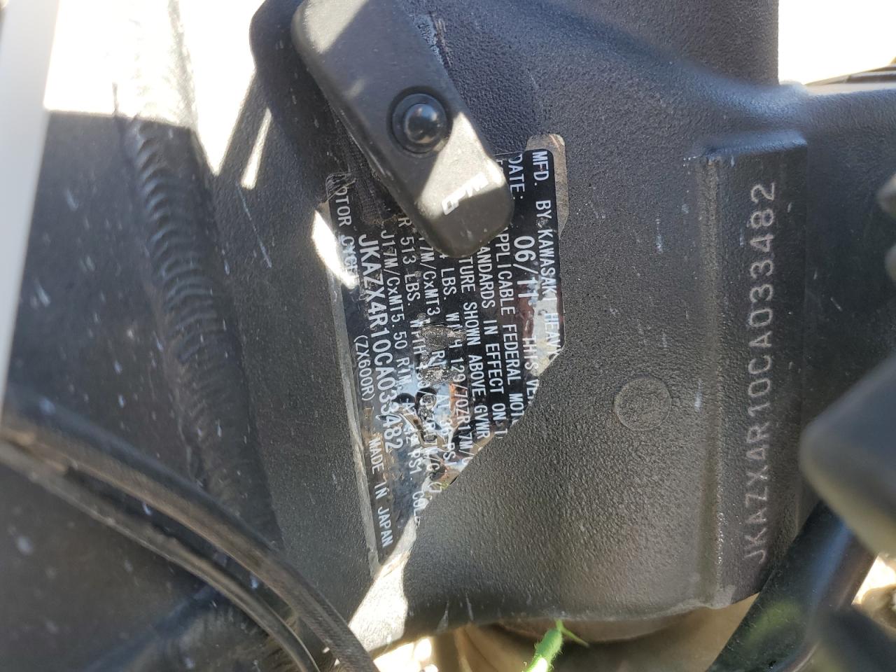 2012 Kawasaki Zx600 R VIN: JKAZX4R10CA033482 Lot: 82580915