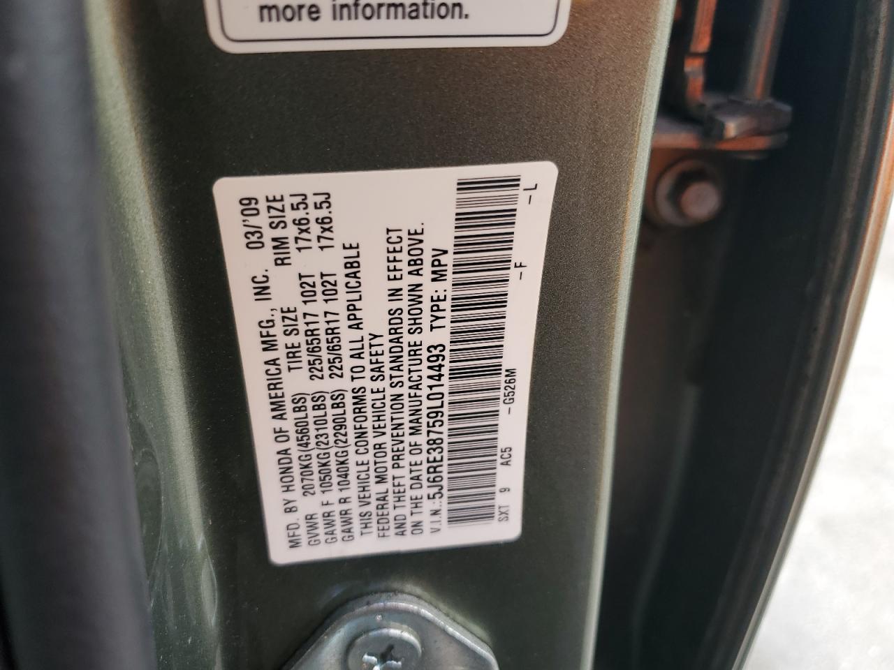 2009 Honda Cr-V Exl VIN: 5J6RE38759L014493 Lot: 84727745