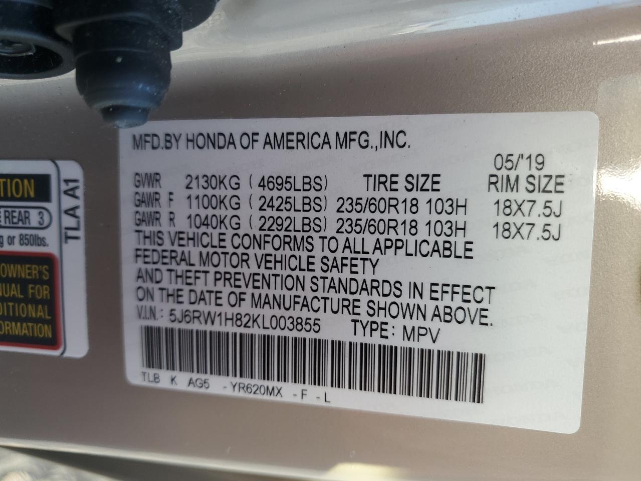 2019 Honda Cr-V Exl VIN: 5J6RW1H82KL003855 Lot: 84070775