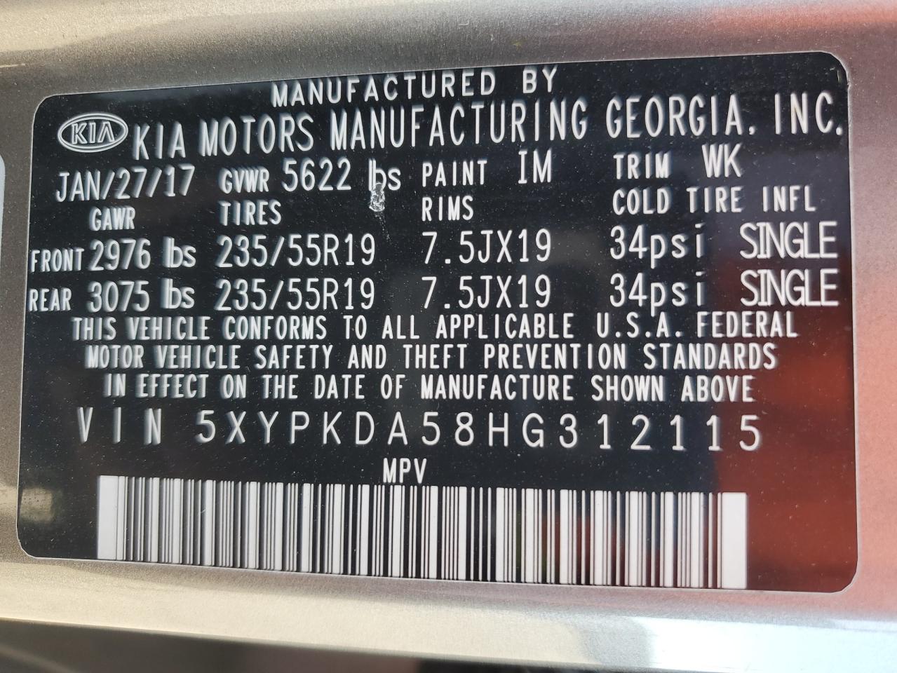 2017 Kia Sorento Sx VIN: 5XYPKDA58HG312115 Lot: 82322655