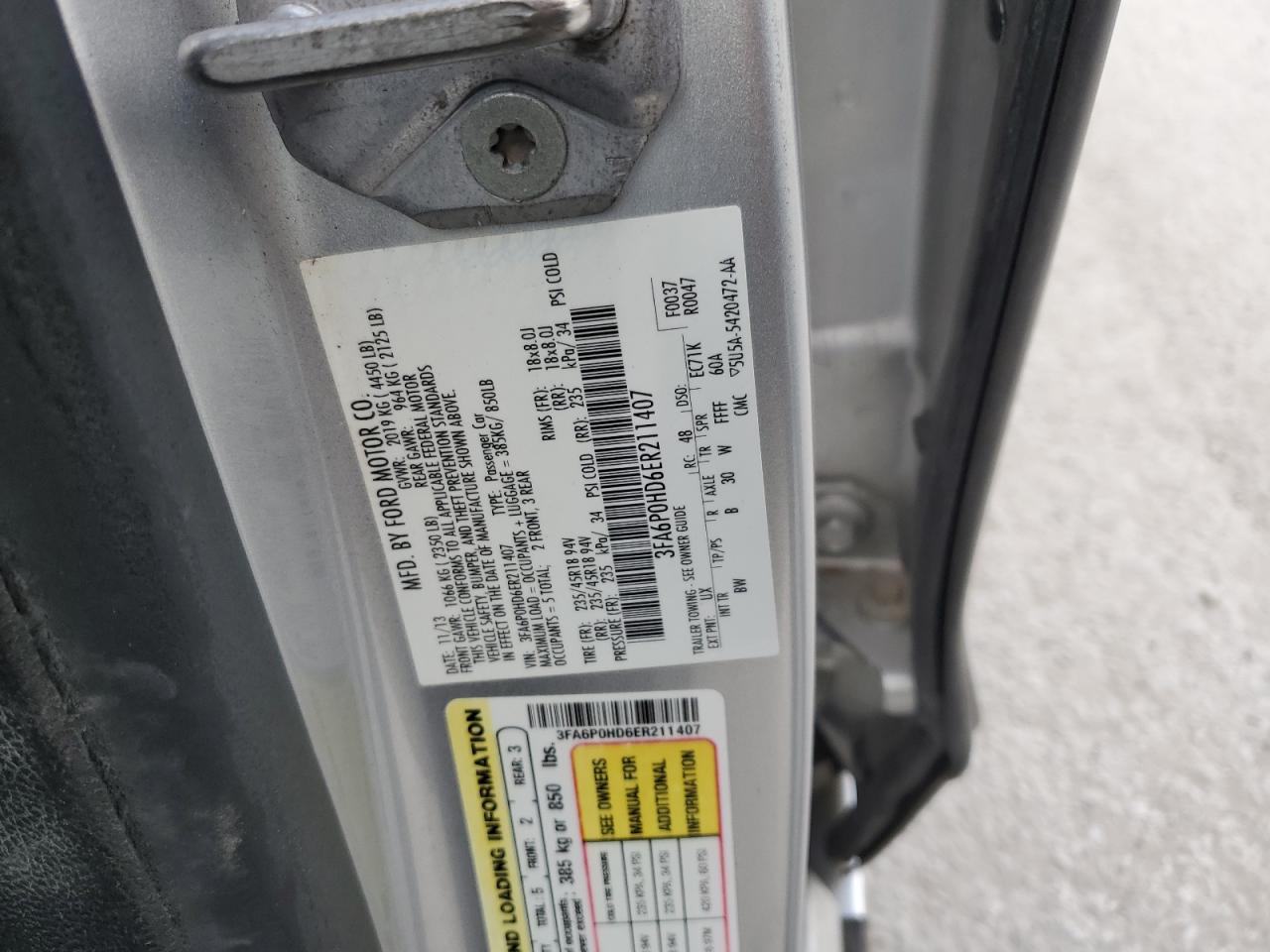 2014 Ford Fusion Se VIN: 3FA6P0HD6ER211407 Lot: 85369995