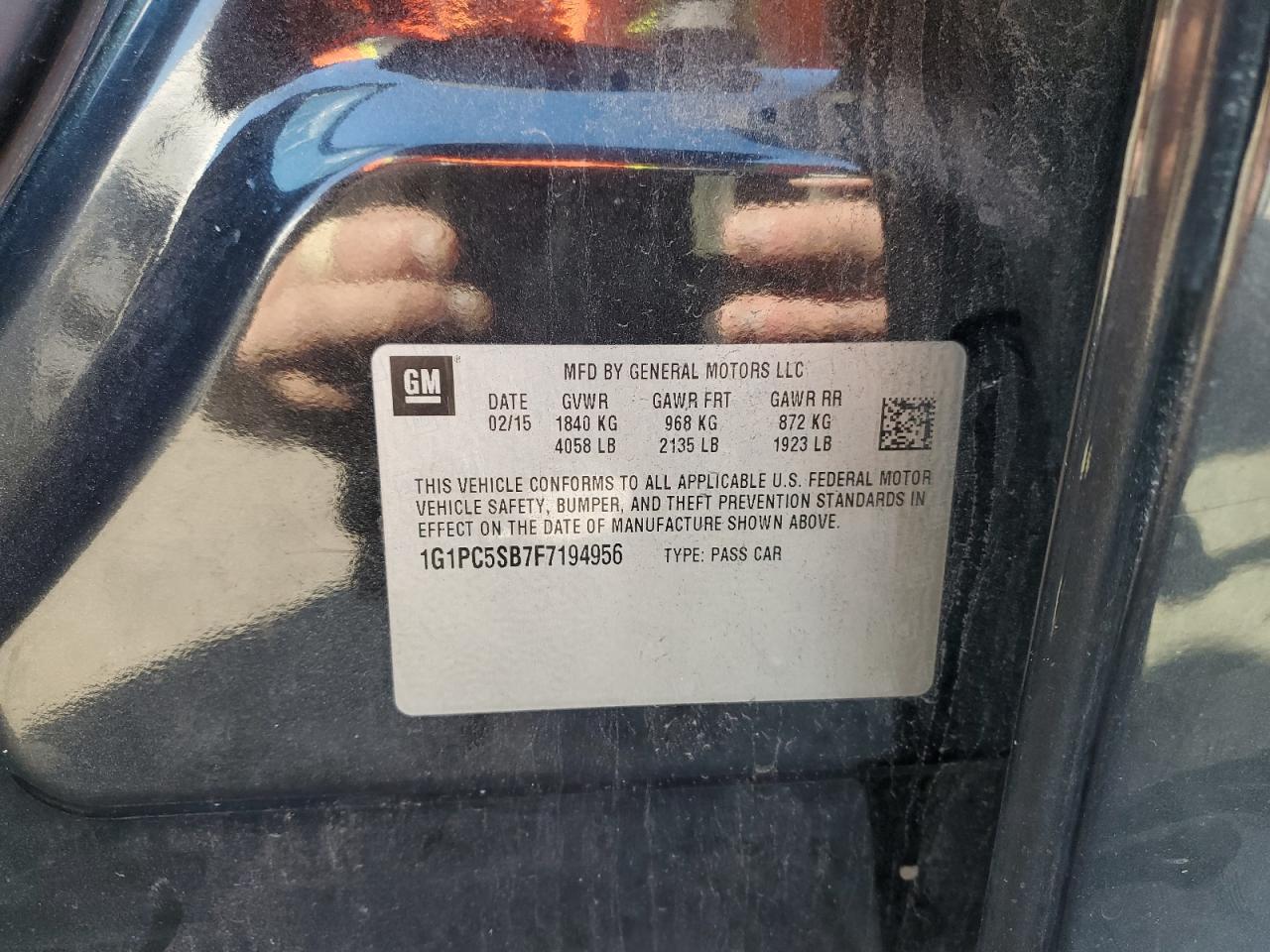 2015 Chevrolet Cruze Lt VIN: 1G1PC5SB7F7194956 Lot: 85863625