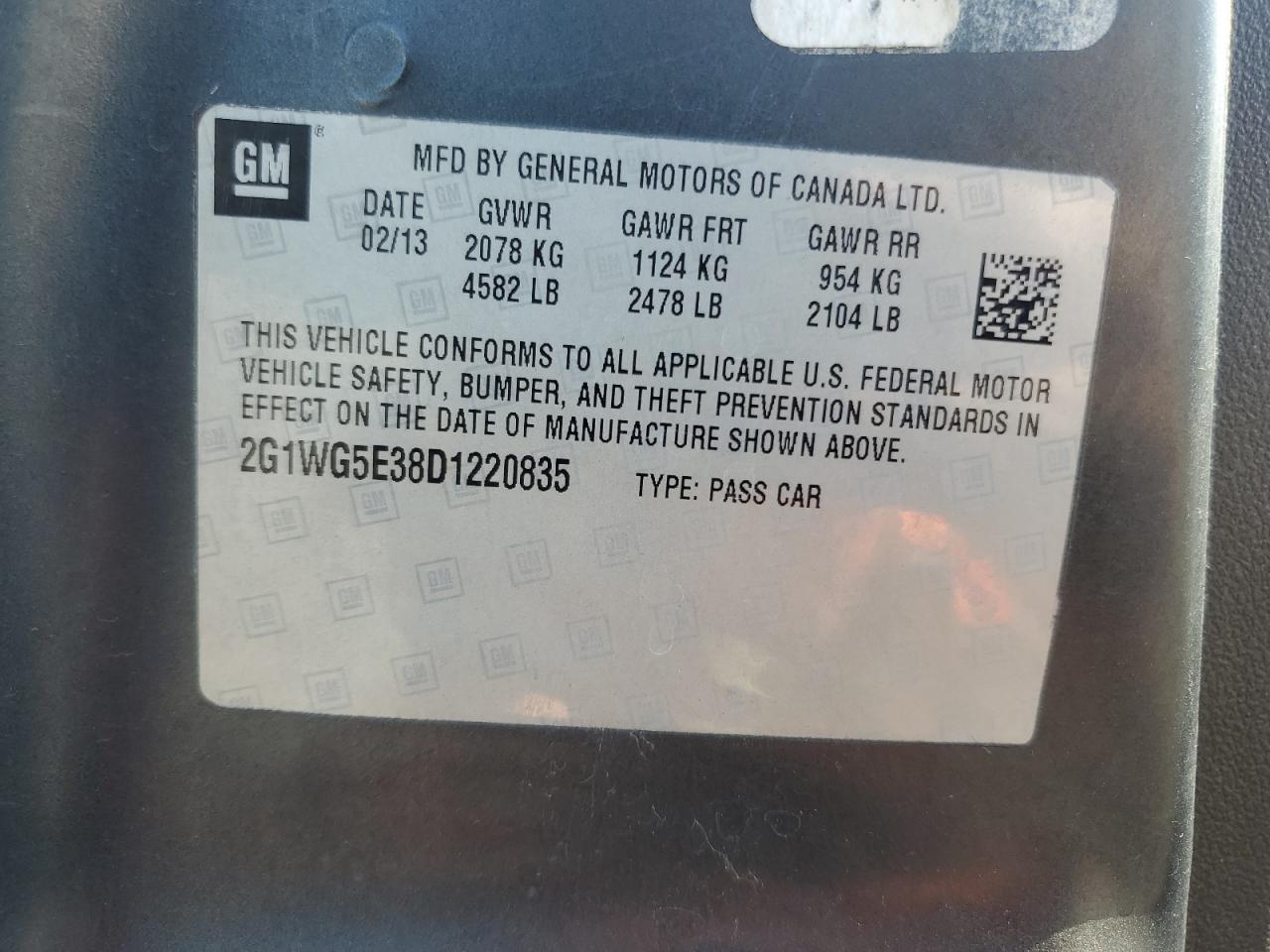 2013 Chevrolet Impala Lt VIN: 2G1WG5E38D1220835 Lot: 85309905