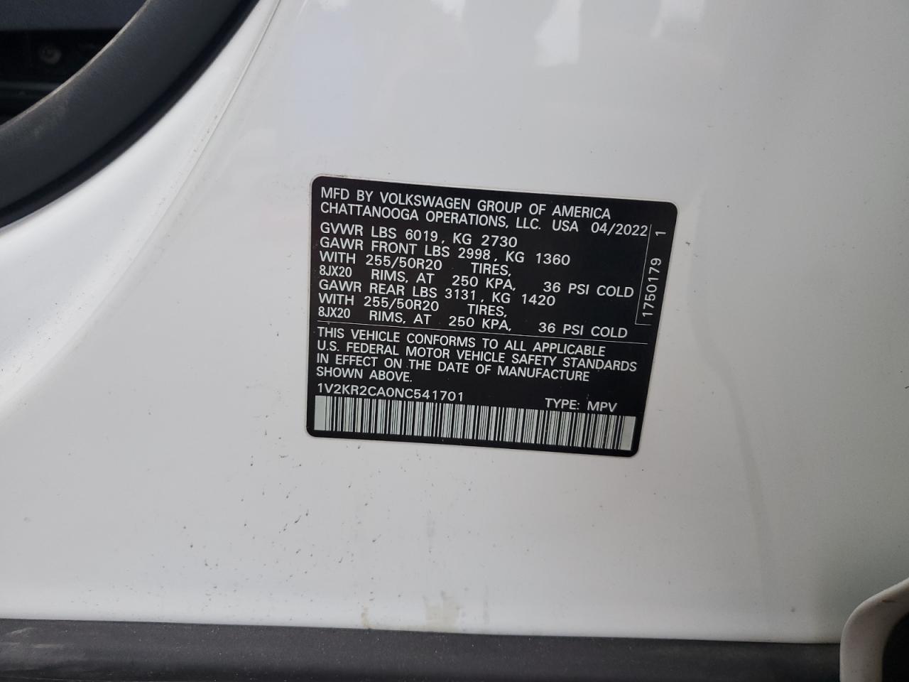 2022 Volkswagen Atlas Se VIN: 1V2KR2CA0NC541701 Lot: 90482255