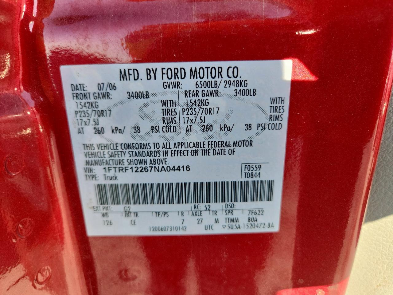 2007 Ford F150 VIN: 1FTRF12267NA04416 Lot: 85833715