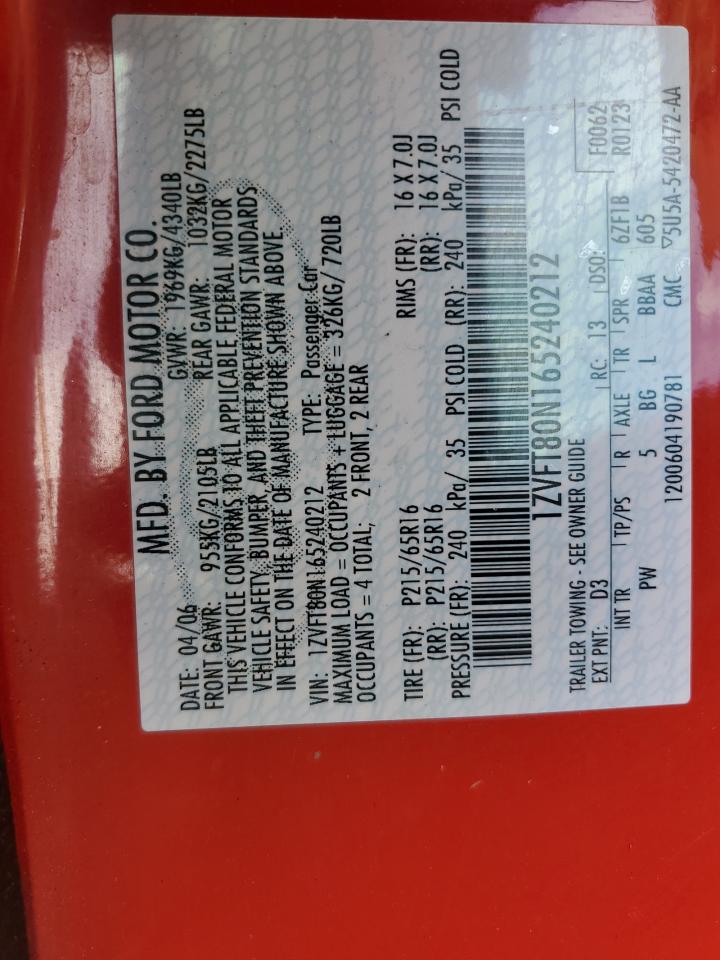 2006 Ford Mustang VIN: 1ZVFT80N165240212 Lot: 85565805