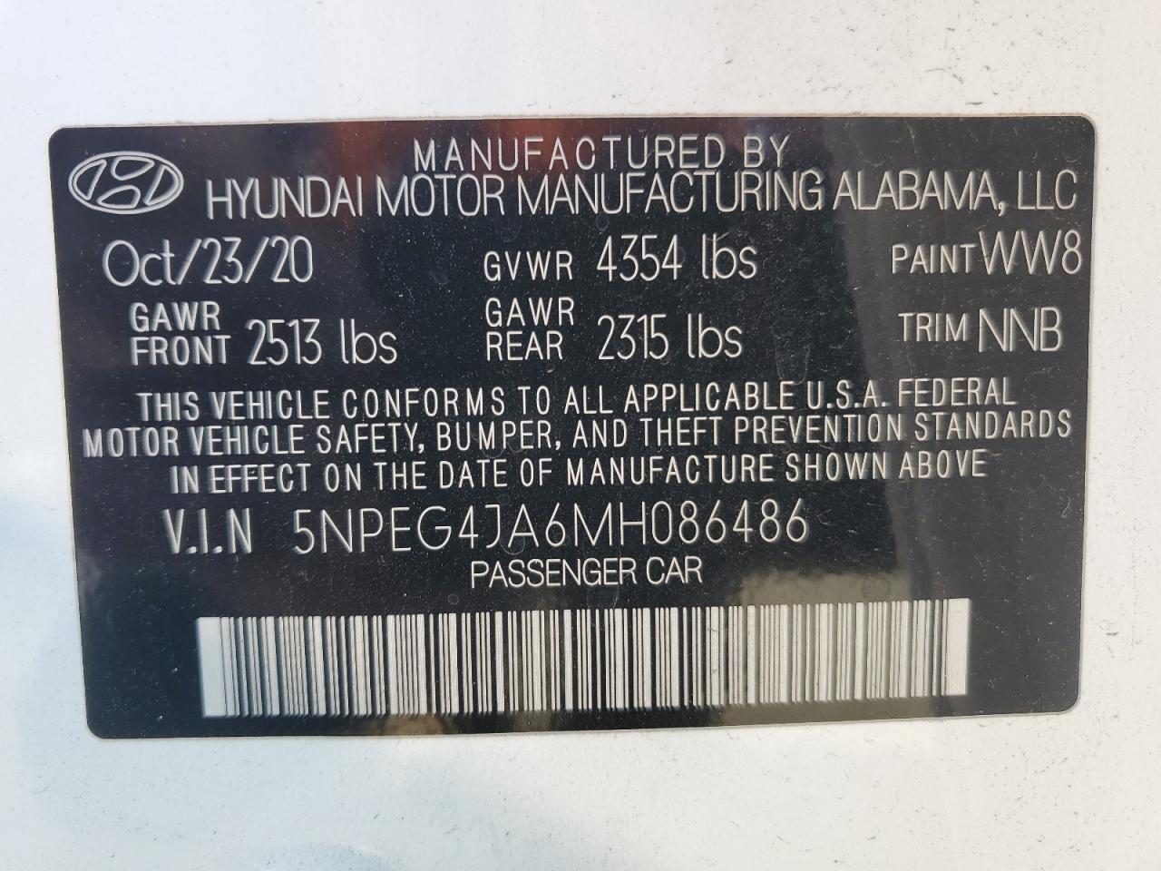 2021 Hyundai Sonata Se VIN: 5NPEG4JA6MH086486 Lot: 85912565