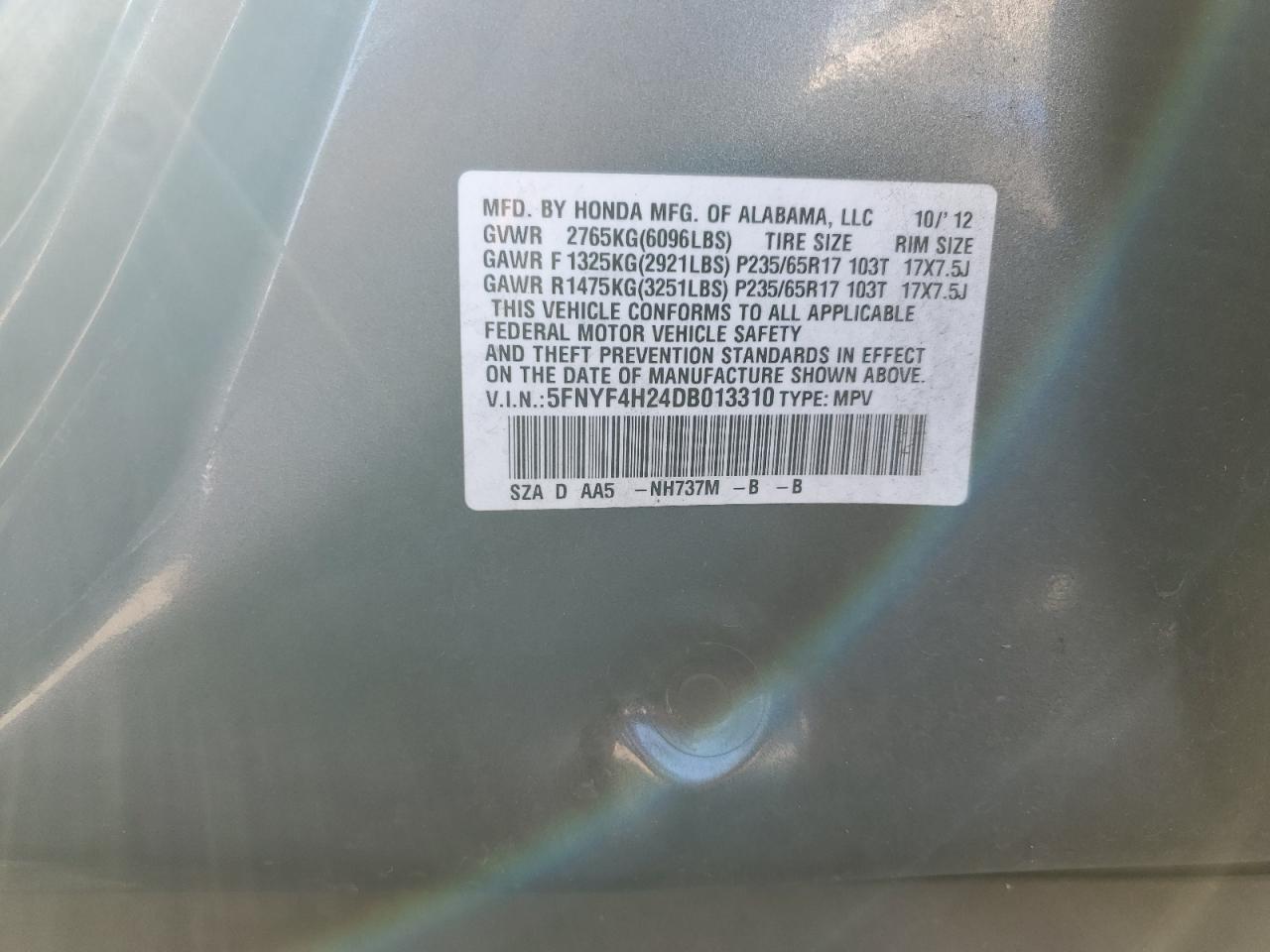 2013 Honda Pilot Lx VIN: 5FNYF4H24DB013310 Lot: 82356185