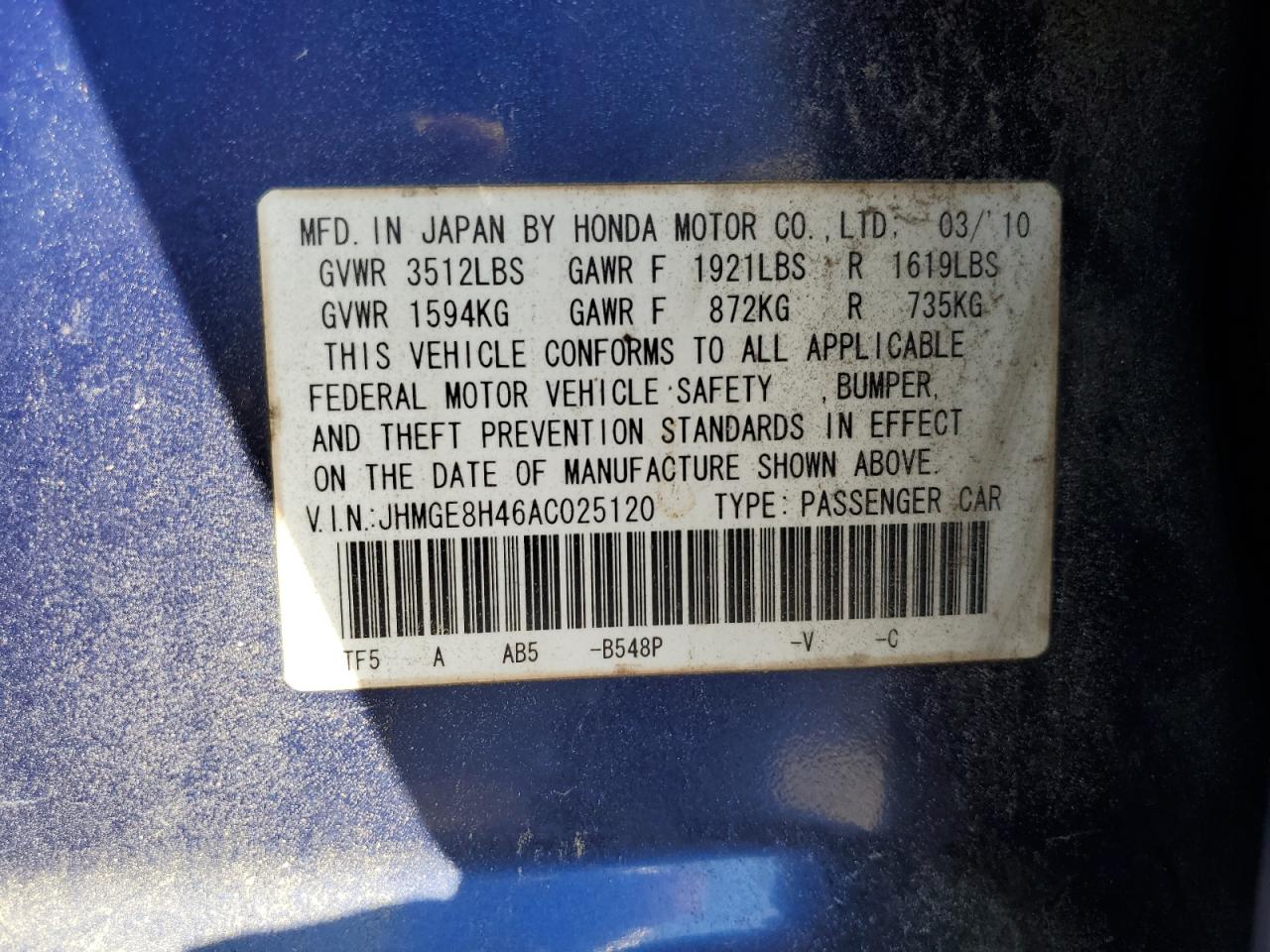 2010 Honda Fit Sport VIN: JHMGE8H46AC025120 Lot: 84648385