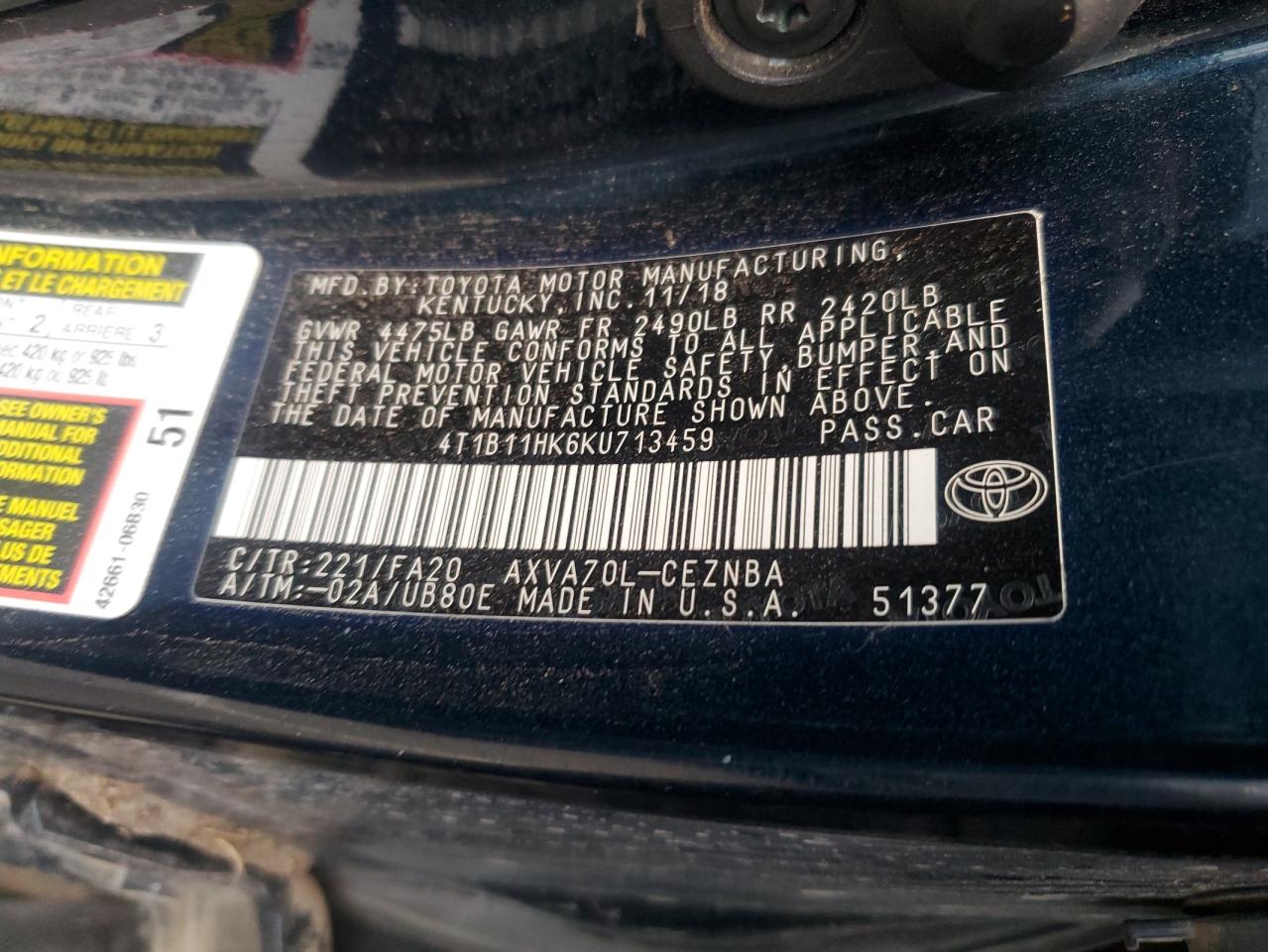 2019 Toyota Camry L VIN: 4T1B11HK6KU713459 Lot: 85577465