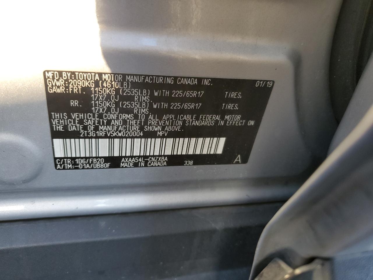 2019 Toyota Rav4 Le VIN: 2T3G1RFV5KW020004 Lot: 85527045