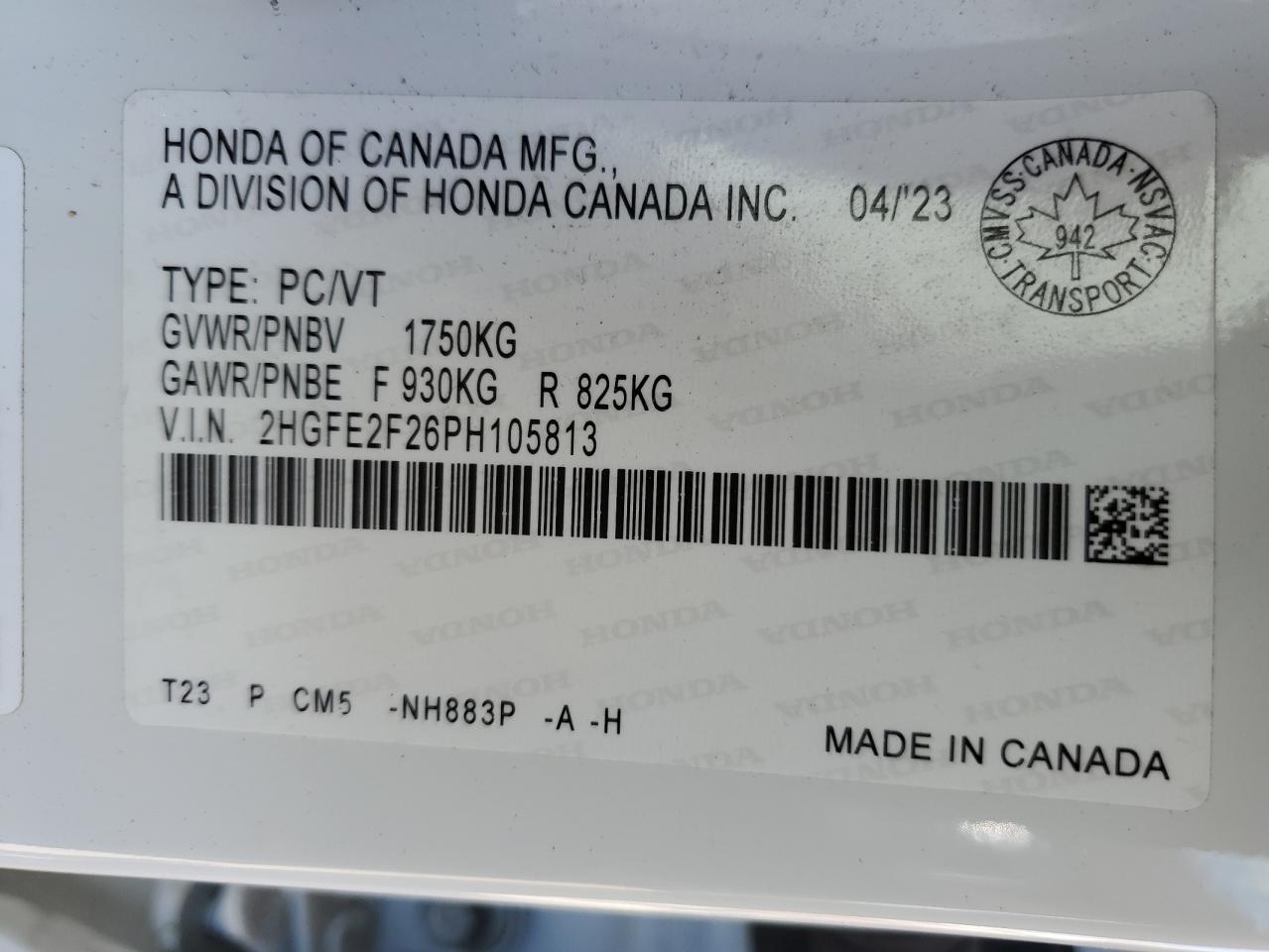 2023 Honda Civic Lx VIN: 2HGFE2F26PH105813 Lot: 85286585