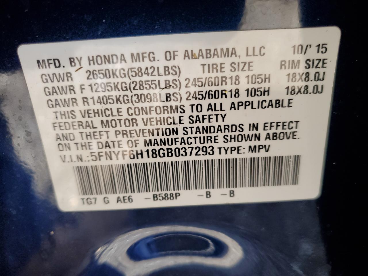 2016 Honda Pilot Lx VIN: 5FNYF6H18GB037293 Lot: 87054265
