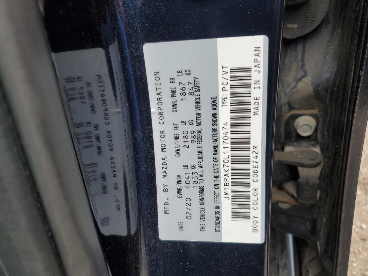 2020 Mazda 3 Gx VIN: JM1BPAK70L1170474 Lot: 81622055