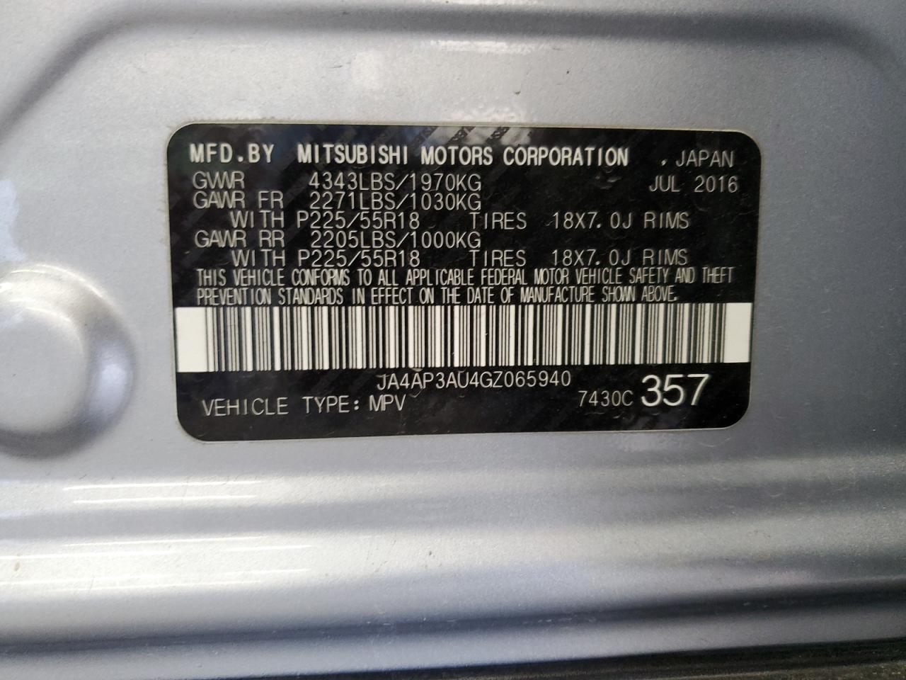 2016 Mitsubishi Outlander Sport Es VIN: JA4AP3AU4GZ065940 Lot: 82319495