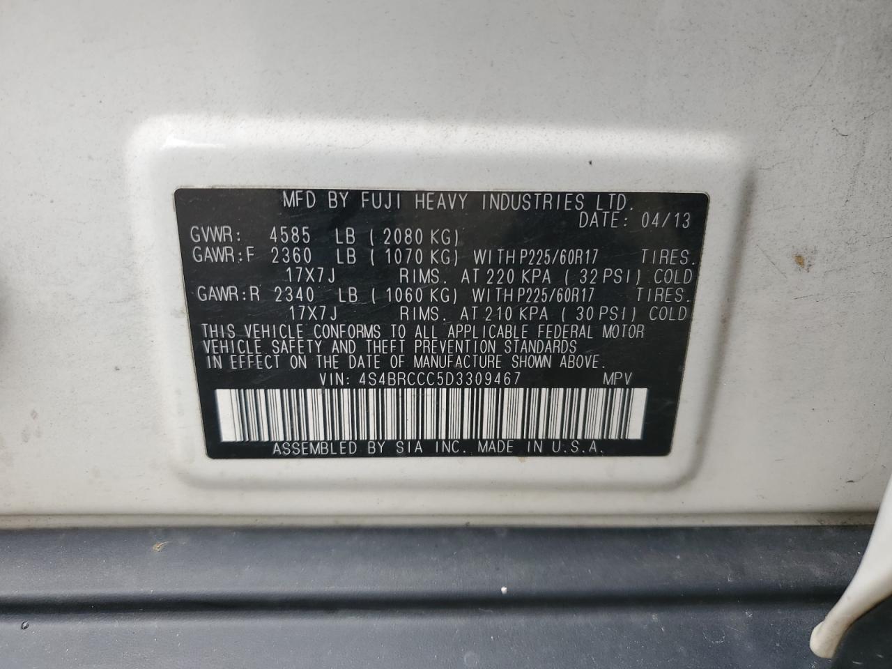 2013 Subaru Outback 2.5I Premium VIN: 4S4BRCCC5D3309467 Lot: 85706875