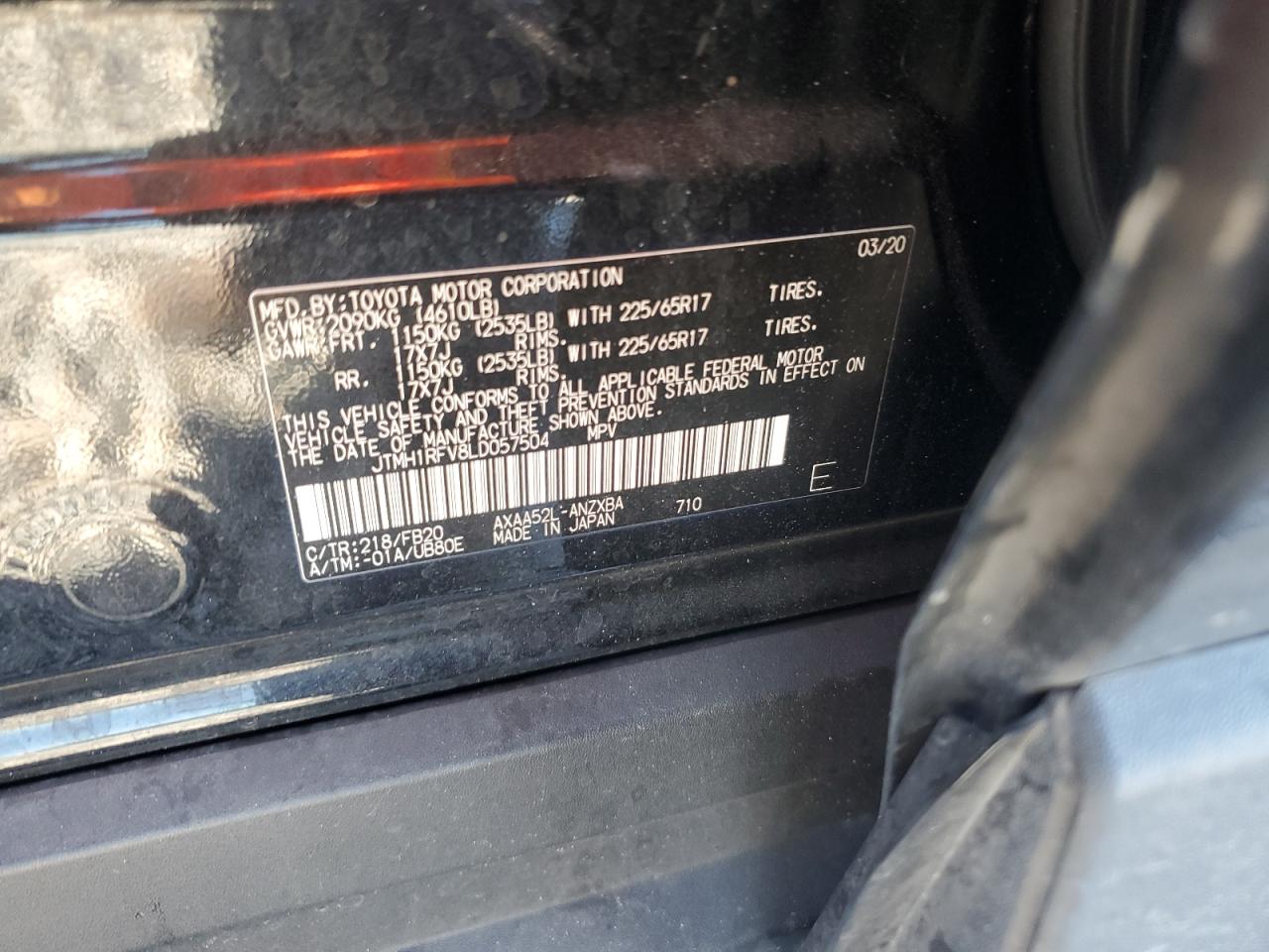 2020 Toyota Rav4 Le VIN: JTMH1RFV8LD057504 Lot: 85391425