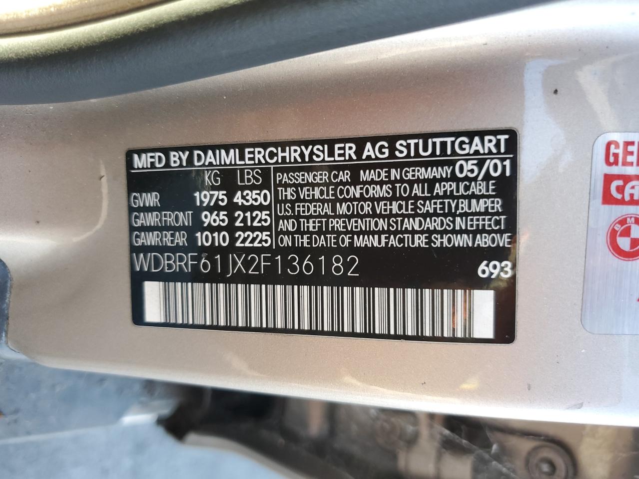 2002 Mercedes-Benz C 240 VIN: WDBRF61JX2F136182 Lot: 85546695