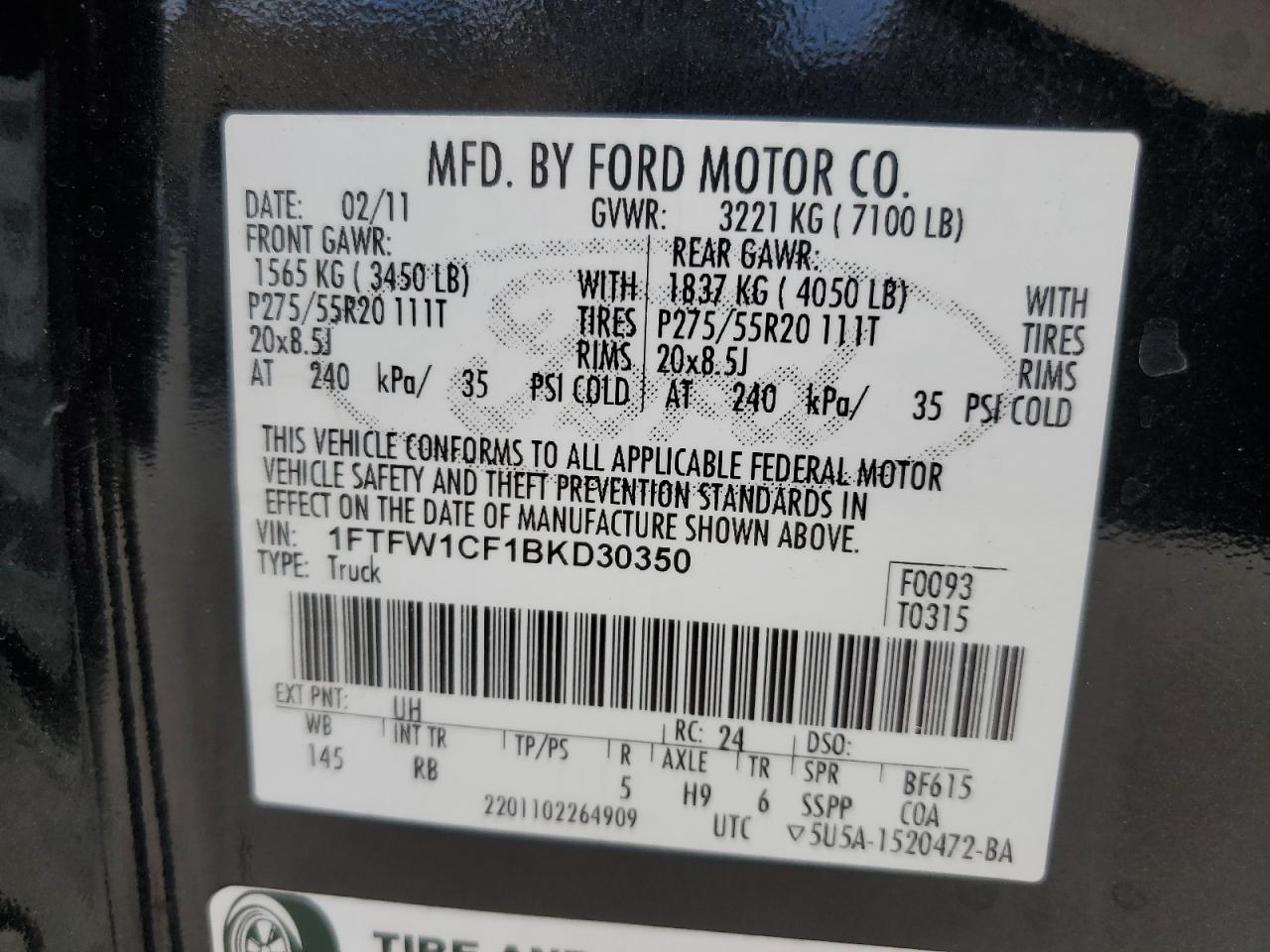 2011 Ford F150 Supercrew VIN: 1FTFW1CF1BKD30350 Lot: 85138115