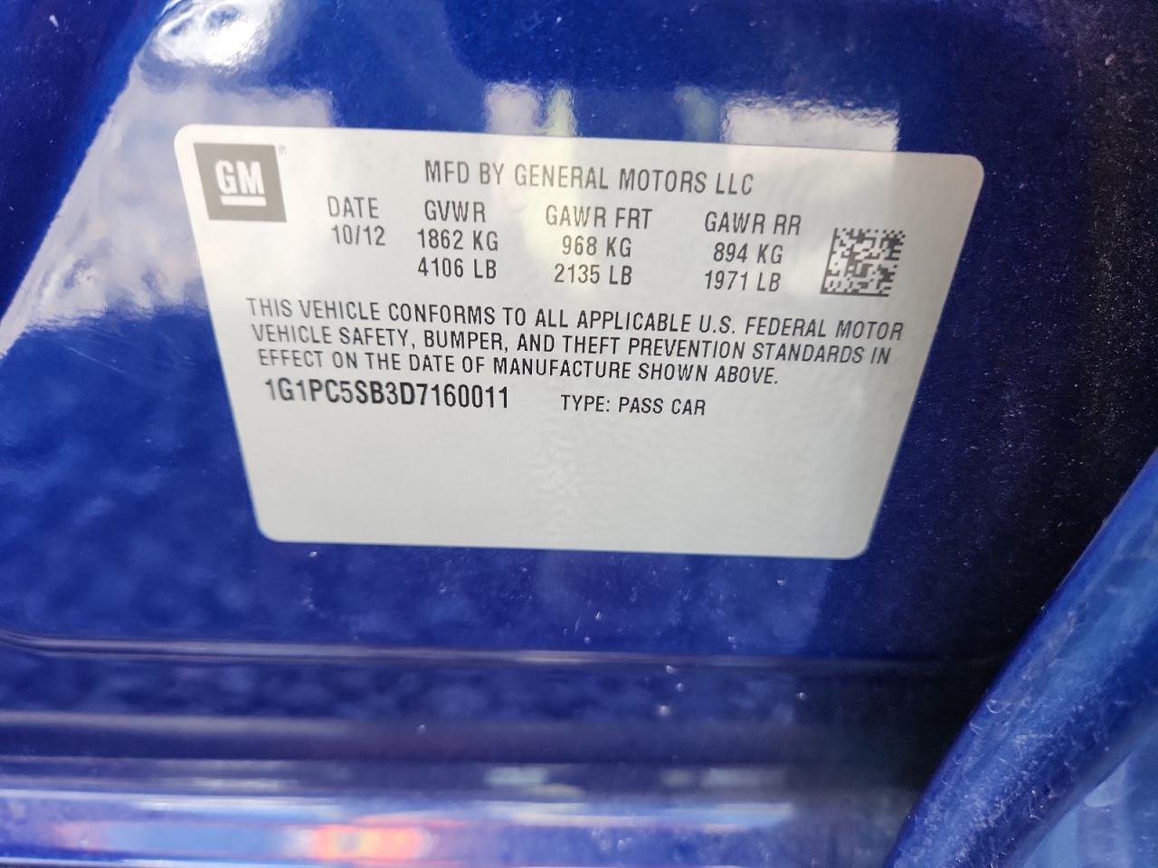 2013 Chevrolet Cruze Lt VIN: 1G1PC5SB3D7160011 Lot: 84701195