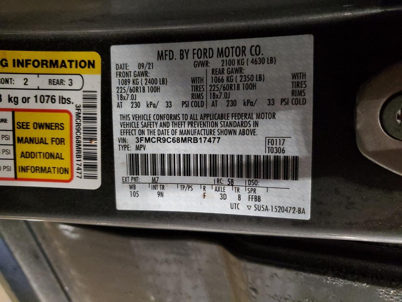 2021 Ford Bronco Sport Outer Banks VIN: 3FMCR9C68MRB17477 Lot: 90086645